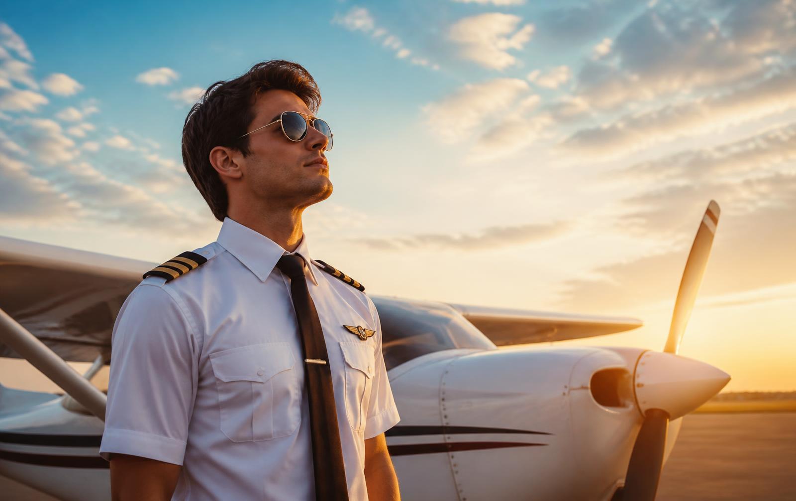 Pilot in uniform standing beside a single-engine aircraft at sunrise